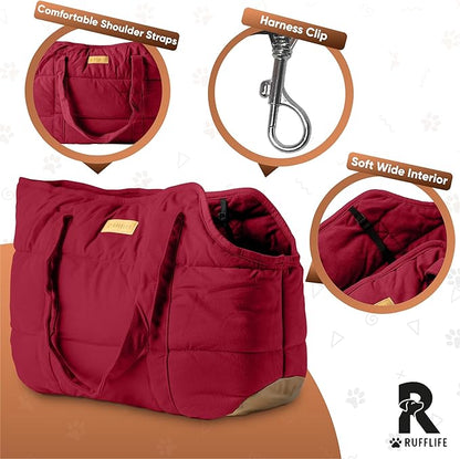 Cozy Plush Pet Carrier Purse - Secure Harness Clip, Lightweight Tote Design for Small Dogs and Puppies (Red)