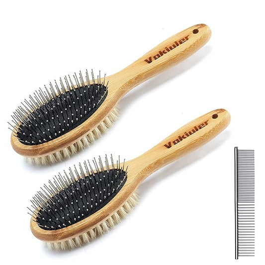 Dog Brush Cat Brush, Double Sided Bristle and Pin Pet Brush for Dog Grooming, Real Boar Bristle Shedding Brush with Bamboo Handle for Long Short Hair, 4 Pack Dog Comb, Black+Yelbow