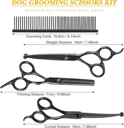 Dog Grooming Scissors, Maxshop Heavy Duty Titanium Pet Grooming Trimmer Kit, Professional Thinning Shears, Curved Scissors with Comb for Dogs and Cats (Black Set of 4)