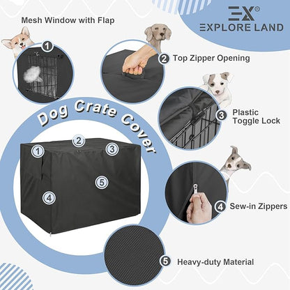 Explore Land 48 inches Dog Crate Cover Heavy Duty Polyester Pet Kennel Sunshade Universal Fit for Wire Cage (Black)