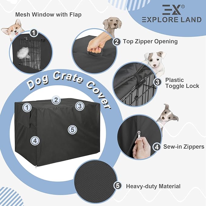 Explore Land 48 inches Dog Crate Cover Heavy Duty Polyester Pet Kennel Sunshade Universal Fit for Wire Cage (Black)