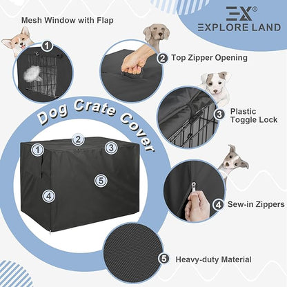 Explore Land 48 inches Dog Crate Cover Heavy Duty Polyester Pet Kennel Sunshade Universal Fit for Wire Cage (Black)