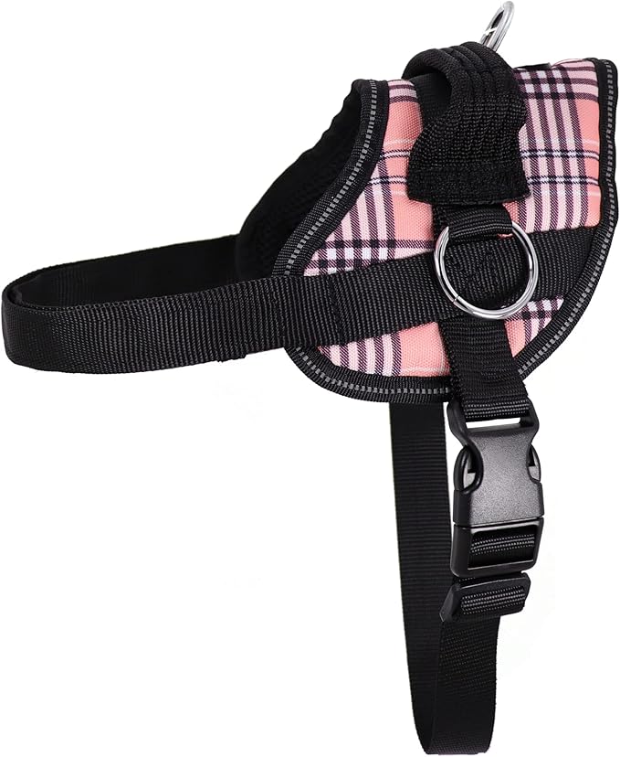 Bark Appeal Pink Plaid No-Pull Dog Harness for Medium to Large Sized Pets – Adjustable, Reflective Vest with 3 Leash Clips for Added Control, Easy Walks & Training – Large