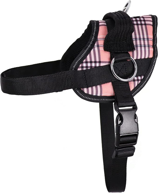 Bark Appeal Pink Plaid No-Pull Dog Harness for Large to Extra Large Sized Pets – Adjustable, Reflective Vest with 3 Leash Clips for Added Control, Easy Walks & Training – XL