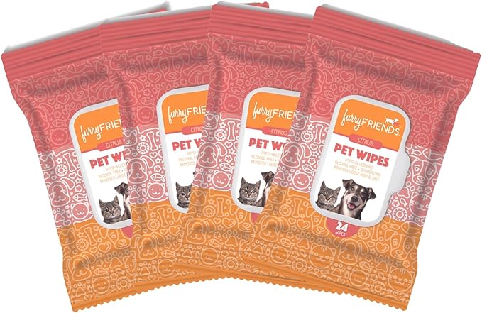 FurryFriends Pet Wipes | Citrus Scented | Hypo-allergenic | Alcohol Free| Deodorizing | Removes Loose Hair & Dirt | Incredibly Clean | 4 Pack