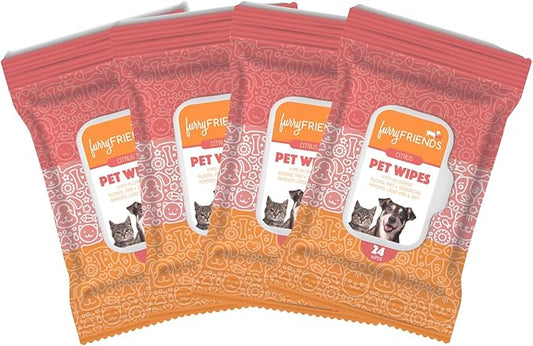 FurryFriends Pet Wipes | Citrus Scented | Hypo-allergenic | Alcohol Free| Deodorizing | Removes Loose Hair & Dirt | Incredibly Clean | 4 Pack