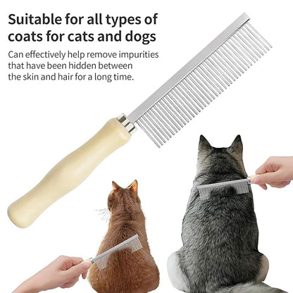 Pet Comb - Stainless Steel Teeth and Wooden Handle - Detangling and Smoothing Tool for Long and Short Hair Dogs and Cats