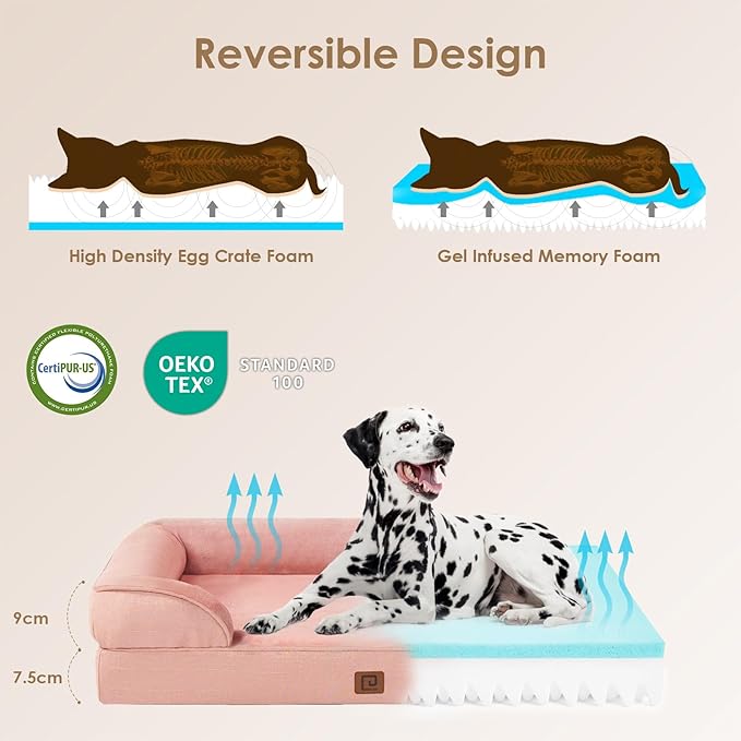 EHEYCIGA Orthopedic Dog Beds for Large Dogs, Waterproof Memory Foam Large Dog Bed with Sides, Non-Slip Bottom and Egg-Crate Foam Large Dog Couch Bed with Washable Removable Cover, Dusty Pink
