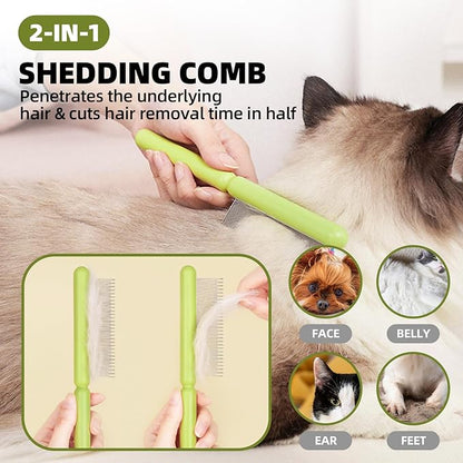 Dog Grooming Brush Set, 7 PCS Dog Slicker Deshedding Hair Brushes for Short Long Haired Dogs Cats, Dog Scrubber Shower Wash Brush, Dematting Comb, Scissor, Green