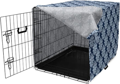 Lunarable Damask Dog Crate Cover, Abstract Antique Royal Motif with Leaves and Swirls, Easy to Use Pet Kennel Cover for Small Dogs Puppies Kittens, 18 Inch, Ceil Blue Violet