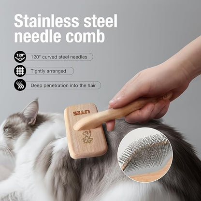 Slicker Brush Groom Like a Professinal Stainless Steel Pins, Lightweight Beech Wood Body, Ground and Polished Tips, Medium Pet Bruch