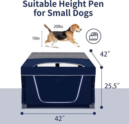 Dog Kitten Playpen with Cover for Cat Indoor, 42x42 x25.5 Puppy Playpen for Small Pet with See-Through Topper Proof Enclosed Door Dog Pen, Sturdy Warm Protable Playpen Pen for Cat