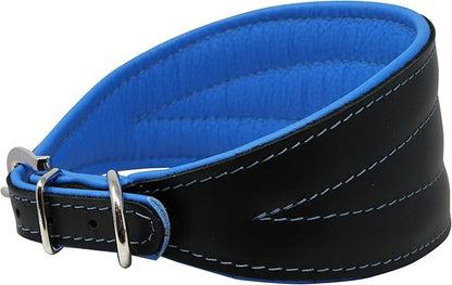 Real Leather Extra Wide Padded Tapered Dog Collar Glossy Black Greyhound Saluki Deerhound Lurcher Whippet Dachshund (16.25"-18.75" Neck; 3" Wide, Blue)