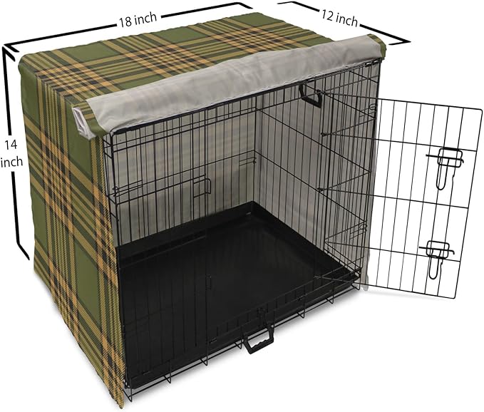Lunarable Plaid Dog Crate Cover, Tartan Pattern in Autumn Tones Old Fashioned Design Country Illustration, Easy to Use Pet Kennel Cover for Small Dogs Puppies Kittens, 18 Inch, Olive Green Mustard