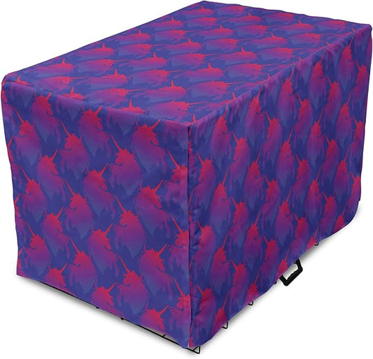 Lunarable Myth Dog Crate Cover, Pattern with Unicorn Silhouettes in Ombre, Easy to Use Pet Kennel Cover for Medium Large Dogs, 48 Inch, Indigo Magenta