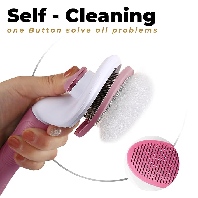 Self-Cleaning Slicker Brush for Dogs & Cats – Deshedding Pet Grooming Tool with Ergonomic Handle – Pain-Free, Rust-Resistant Bristles – Eco-Friendly for Long & Short Coats (Pink)