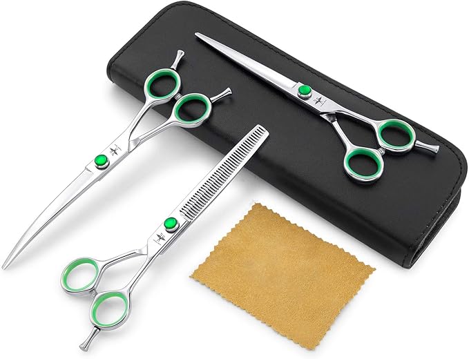 PURPLEBIRD 7 Inch Straight, Downward Curved Dog Grooming Scissors Set Professional Pet Cutting, Thinning Texturizing Shears Safety Blunt Tip Trimming Shearing Dog Cat Japanese Stainless Steel Silver