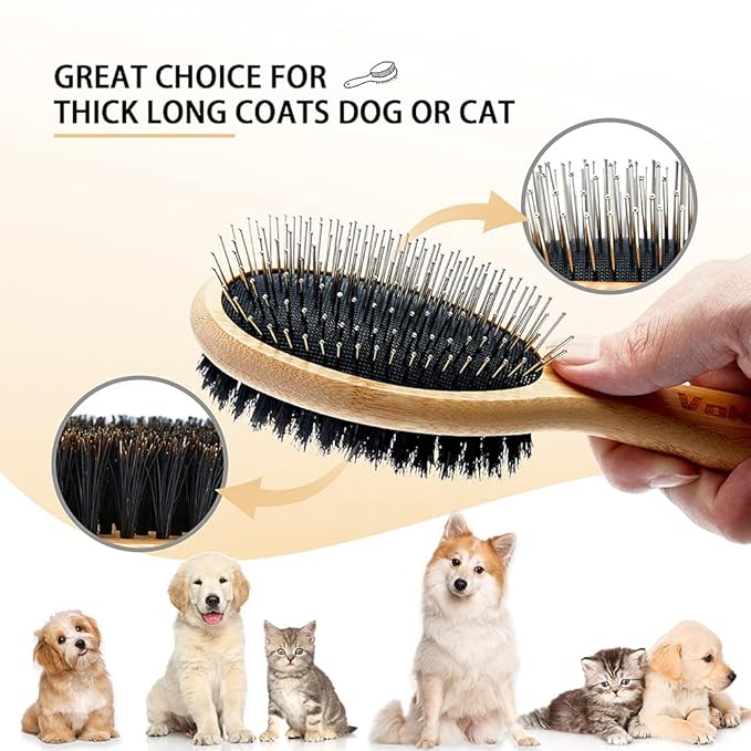 Double Sided Dog and Cat Brush - Bristle and Pin for Grooming, Real Boar Bristle With Bamboo Handle for Long Short Hair, 4 Pack Comb, Black+Yellow