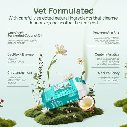 HICC PET Wipes for Dogs & Cats, Cleansing Deodorizing & Soothing Allergy Infections Anal Gland Pets Wipes with Coconut Oil - Dog Grooming Wipes for Butt and Paw - Hypoallergenic & Vet Recommended