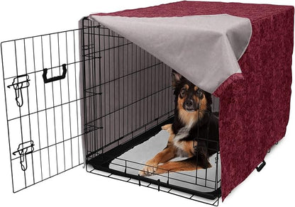 Lunarable Burgundy Dog Crate Cover, Cheerful Nature Inspired Gardening Pattern with Blooming Flowers Ornate Style, Easy to Use Pet Kennel Cover for Medium Large Dogs, 36 Inch, Burgundy Coral