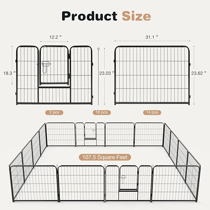 Heavy-Duty Iron Dog Playpen – 16 Panels 24” Durable, Rust-Resistant Pet Fence for Indoor & Outdoor Use, Secure & Spacious Pet Play Area for Dogs, Puppies & Small Animals