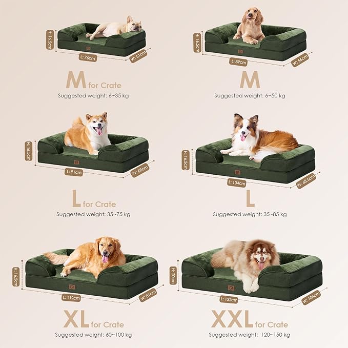 EHEYCIGA Orthopedic Dog Bed for Medium Dogs, Waterproof Memory Foam Medium Dog Beds with Sides, Non-Slip Bottom and Egg-Crate Foam Medium Dog Couch Bed with Washable Removable Cover, Dark Green