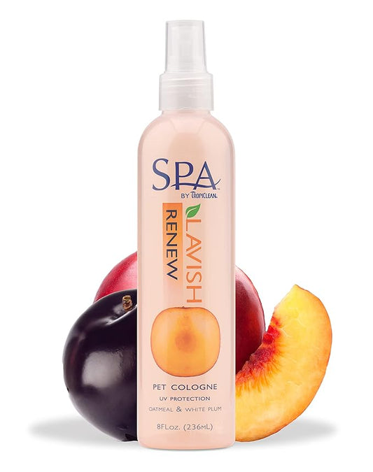 TropiClean SPA Renew Dog Cologne Spray Long Lasting | Peach & Plum Scented Dog Deodorizing Spray | Naturally Derived Salon Grade Ingredients | Made in the USA | 8oz