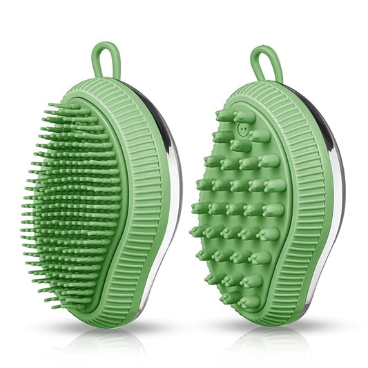 Pet Grooming Bath Massage Brush with Soap and Shampoo Dispenser Soft Silicone Bristle for Long Short Haired Dogs Cats (GREEN)