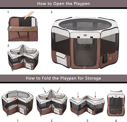 DONORO Dog Playpen 36" Portable Pet Play Pens for Small Dog/Cat/Rabbit/Chicks, Foldable Exercise Kennel Tent Crate Indoor/Outdoor Travel Camping, Removable Top/Bottom (Brown, Medium (36"x36"x20"), 8)