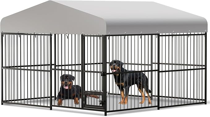 Large Outdoor Dog Kennel with Waterproof Cover, Large Dog House with Feeding Doors, Heavy Duty Dog Enclosures for Garden Backyard Courtyard（10×10×7FT）