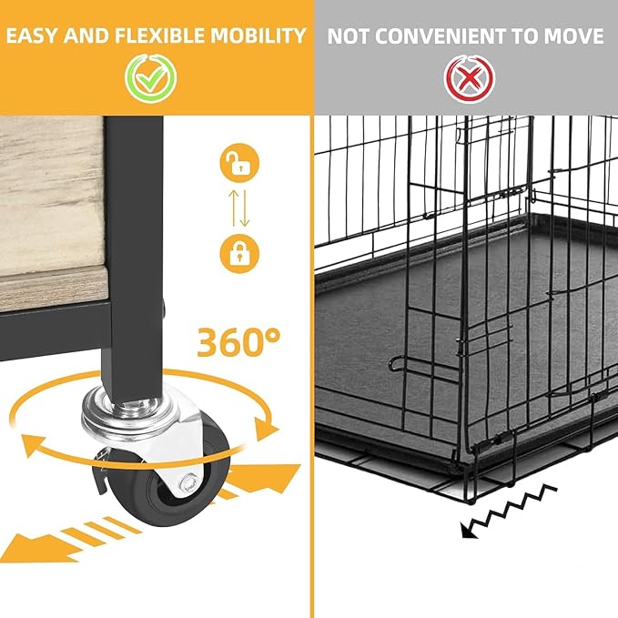 DWVO Dog Crate Furniture, 23.6 Inch Dog Kennel Indoor Furniture End Table for Small Dogs, Modern Decorative Cage Wooden Dogs Crate Furniture with Wheels, Chew-Resistant, Grey
