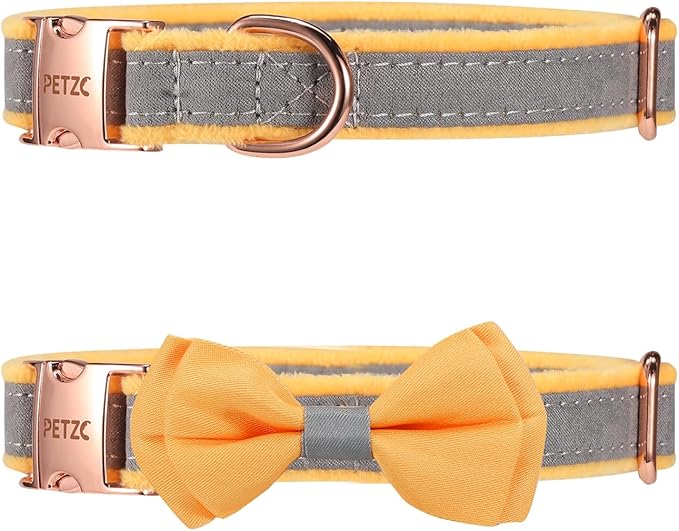 Dog Collar,Metal Buckle Pet Collar Suede Dog Collar Soft&Comfy Adjustable Pet Gift Collars with Bow for Small Medium Large Dogs (Medium, Gray&Yellow)