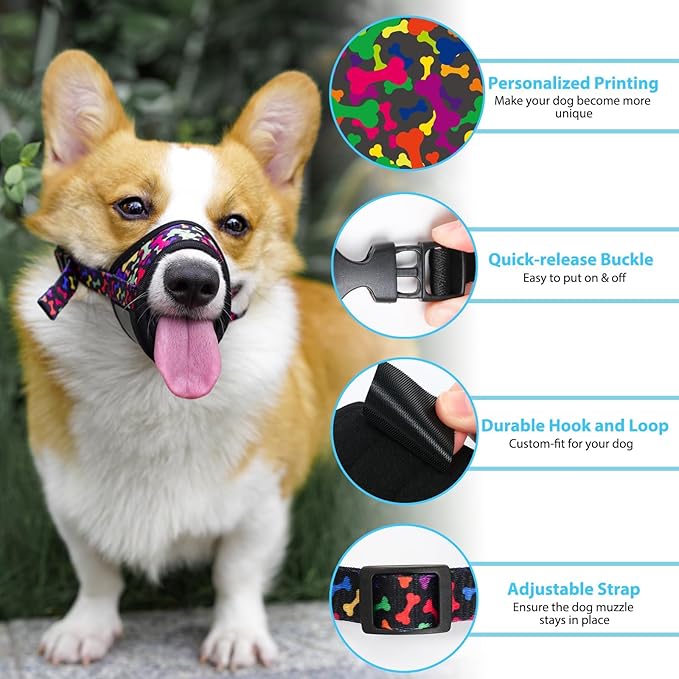 LUCKYPAW Dog Muzzle, Soft Dog Muzzles for Small Medium Large Dogs, Breathable Muzzles to Stop Biting and Chewing with Pattern, Allows Panting and Drinking(Black Bone,XS)