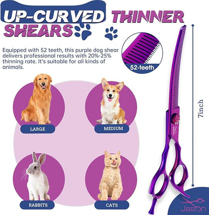 JASON Curved Thinner Dog Scissors - 7” Ergonomic Pet Scissor Purple Curved Thinning Dog Shear 440C Stainless Steel Grooming Shears Professional Pet Shears For Groomer (52-Teeth, Up-curved)