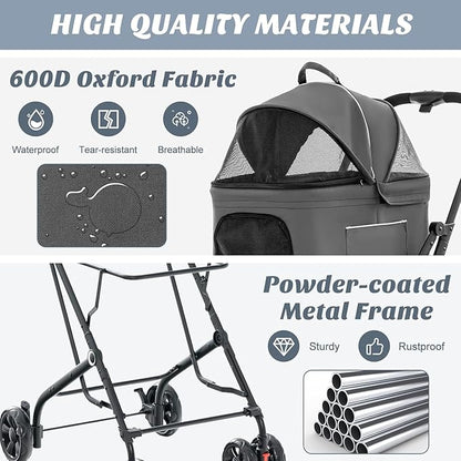 Double Dog Stroller, Foldable 3-in-1 Cat Stroller with 2 Detachable Carriers, Safety Belt, Washable Cover, Removable Pads, 4 Wheels Travel Pet Stroller for Small Medium Dogs (Grey)