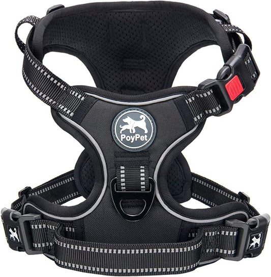 PoyPet No Pull Dog Harness, No Choke Front Clip Dog Reflective Harness, Adjustable Soft Padded Pet Vest with Easy Control Handle for Small to Large Dogs(Black,L)
