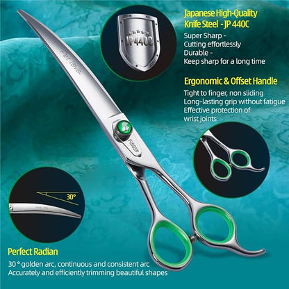 Professional Curved Dog Grooming Scissors 7.0 inch Downward Master Curved Grooming Shears for Dogs Pet Cat 30 Degree Japanese 440C Stainless Steel