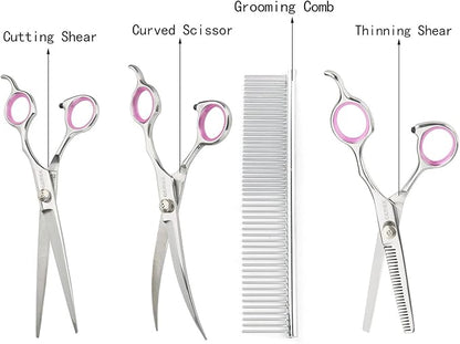 GEMEK Pet Cat Dog Grooming Scissors Set 4 Pieces Stainless Steel Professional Pet Trimmer Kit - 7.5 inch Straight Cutting Scissors, Thinning Shears, Curved Scissors, Grooming Combs
