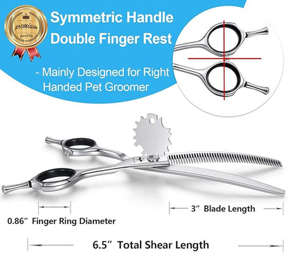 PURPLEBIRD 6.5 Inch Downward Curved Dog Grooming Scissors Pet Thinning Texturizing Shears Professional Safety Blunt Tip Trimming Shearing for Dogs Cats Face Paws Limbs Japanese Stainless Steel Silver