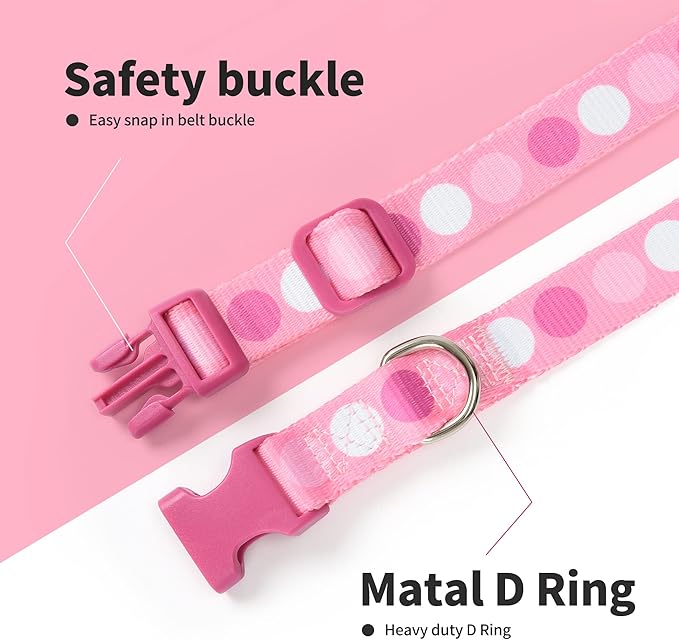Mile High Life Dog Collar | Cute Puppy Collars | Lightweight Girl Dog Collar | Soft Boy Dog Collars | w Geometric Plaid Wave Line Pattern (Pink Big Dots, Small)