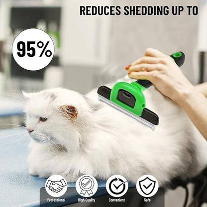 Pet Deshedding Tool Cleaning Brush - Green - For Dogs & Cats - Hair Removal Tool - Stainless Steel Knot Detangler Comb - 95% Shedding Reduce