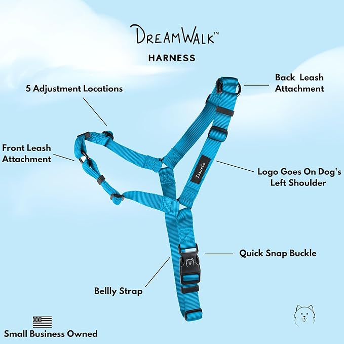 ShawnCo Dream Walk No-Pull Dog Harness- Adjustable, Comfortable, Easy to Use Pet Halter to Help Stop Pulling for Small, Medium and Large Dogs (Oceanic Blue, XS)