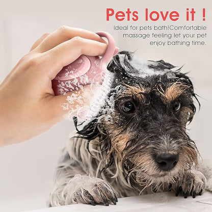 Molain Silicone Rubber Dog Cat Grooming Massage Brush - Hair Fur Cleaning with Soft Shampoo Dispenser (Pink Paw Shape)
