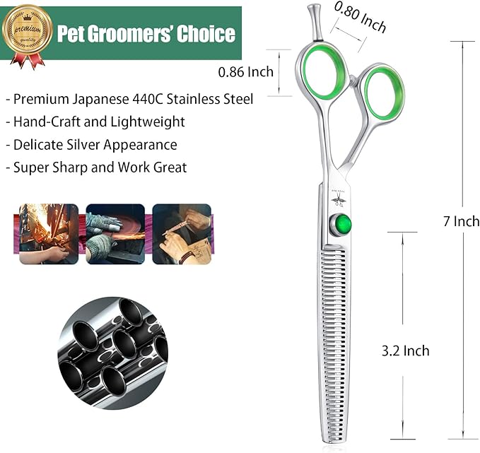 PURPLEBIRD 7 Inch Straight Dog Grooming Scissors Professional Pet Thinning Texturizing Shears Safety Noiseless Blunt Tip Trimming Shearing for Dogs Cats Japanese Stainless Steel Silver