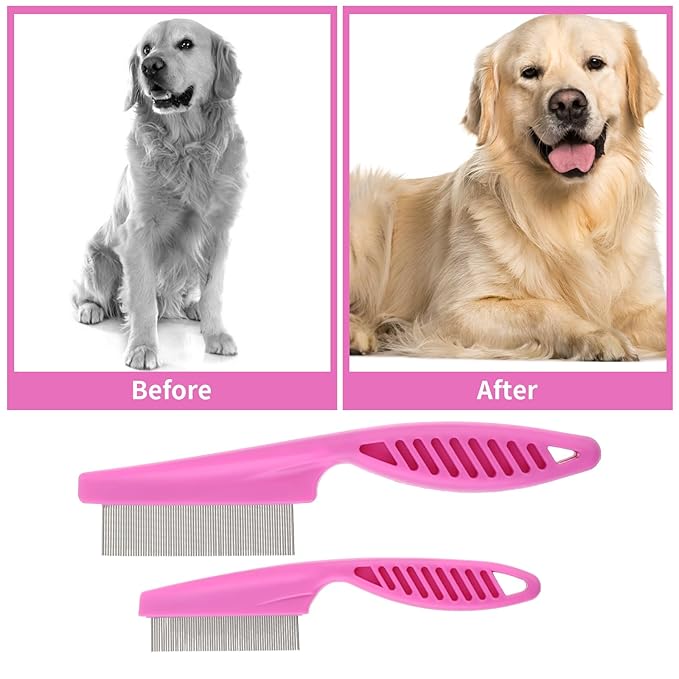 Pet Hair Comb Tear Stain Removal,2 Pack Multifunctional Pets Grooming Comb Kit 2 in 1 Dog Combs Stainless Grooming Massage Dual-Sided Comb for Knots Crust Floating Hair Tangle Fleas(Pink)