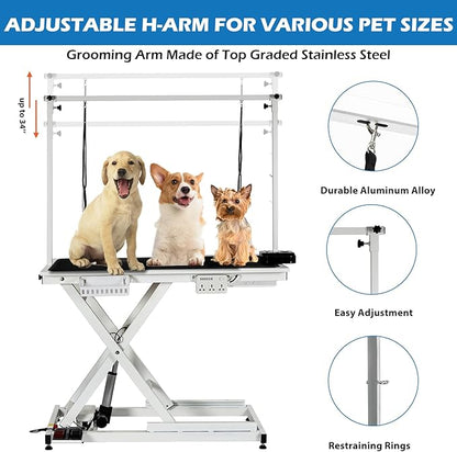 Professional Electric Dog Grooming Table Heavy Duty Pet Grooming Table Height Adjustable w/Leveling Wheels, Dog Grooming Arm, Anti Slip Tabletop &Tool Organizer, Dog Grooming Station 50" White