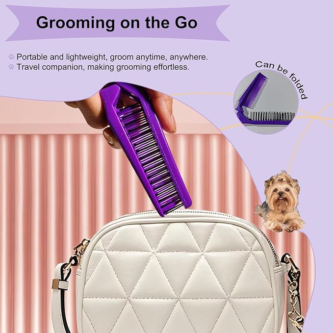 Folding Small Dog Grooming Brush - Perfect for Shih Tzus, Yorkies, and Maltipoos - Ideal Puppy Hair Brushes for Maltese and Small Breeds (Purple)