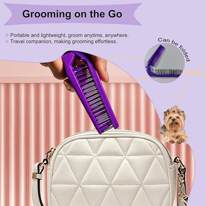 Folding Small Dog Grooming Brush - Perfect for Shih Tzus, Yorkies, and Maltipoos - Ideal Puppy Hair Brushes for Maltese and Small Breeds (Purple)