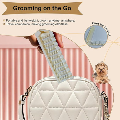 Foldable Dual-Head Puppy Brush Small Dogs Interchangeable Combs Soft Bristles Portable Grooming Tool Yorkie Shih Tzu Maltipoo (White)