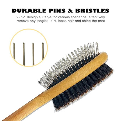 Der Meister Dogs & Cats Double Sided Boar Bristle Pin Brush, Pets Hair Remover, Gently Cleaning Grooming Tool with Bamboo Handle, Remove Loose Hair, Fur, Undercoat, Mats, Tangle, Knots